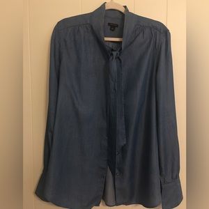 Ann Taylor Womens Blue Denim Lyocell Bow Blouse Size Large
